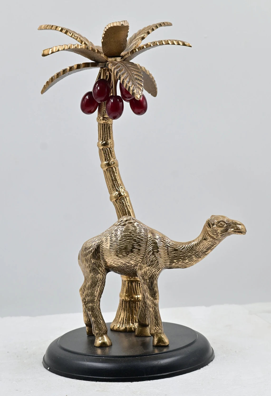 Brass Camel Sculpture with Tree Accent on a Wooden Base