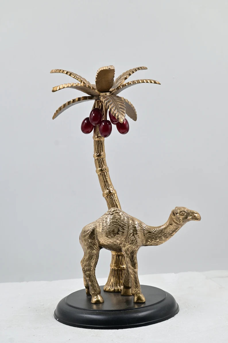 Brass Camel Sculpture with Tree Accent on a Wooden Base