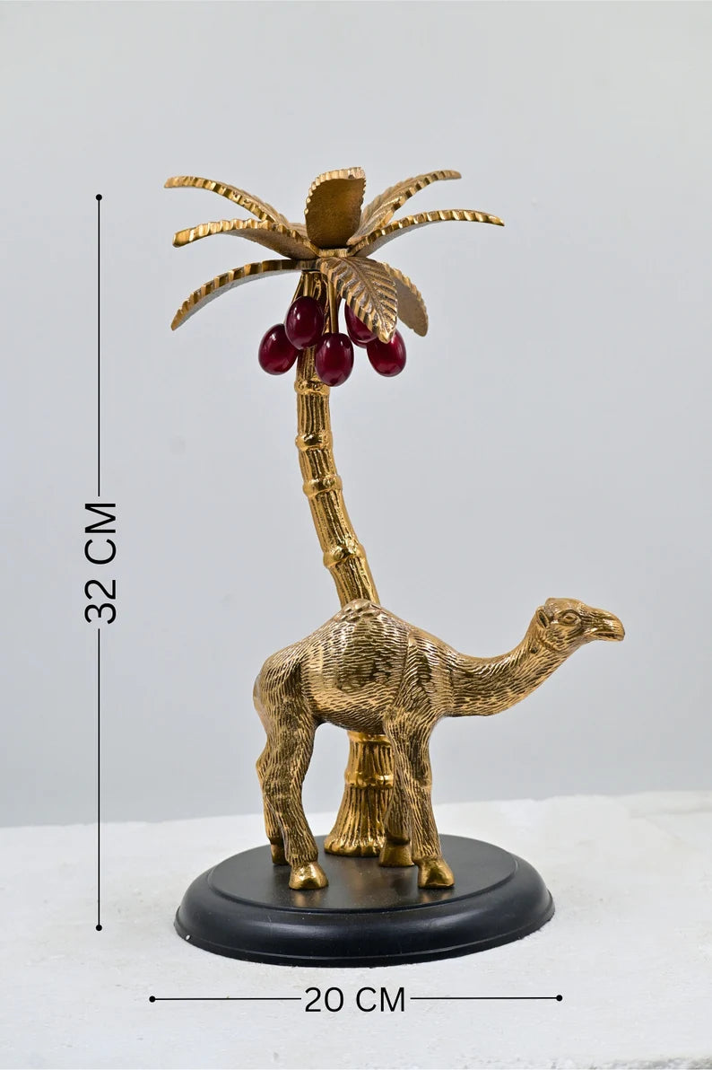 Brass Camel Sculpture with Tree Accent on a Wooden Base